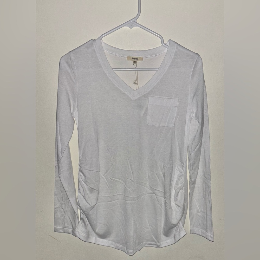NWT Splendid Eco Maternity White Long Sleeve Ruched Pocket T-Shirt Size XS